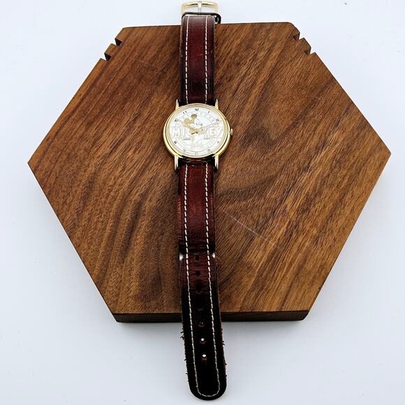 Vintage Disney Mickey Mouse 60 Year Wrist Watch Gold Tone Brown Leather Band - Picture 4 of 9